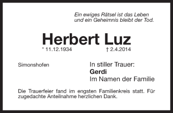 Traueranzeige von Herbert Luz von Pegnitz-Zeitung